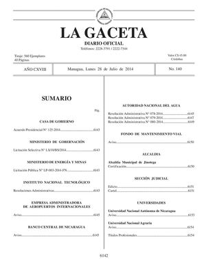 140 Gaceta, Lunes 28 De Julio 2014