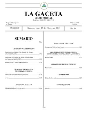 36 Gaceta, Lunes 25 De Febrero 2013
