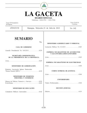 142 Gaceta, Miércoles 31 De Julio 2013