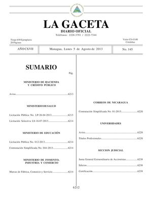 145 Gaceta, Lunes 5 De Agosto 2013