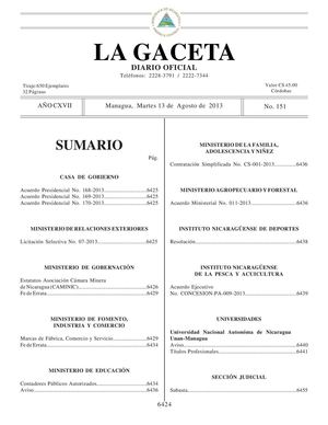 151 Gaceta, Martes 13 De Agosto 2013