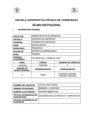 Sílabo Matematica Empresarial I Leticia Lara