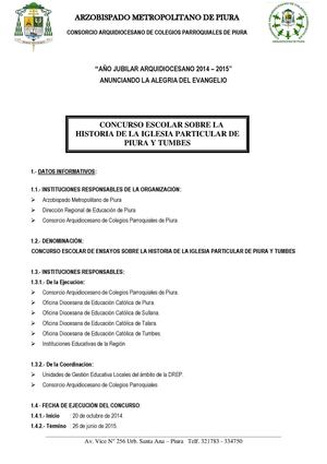 I CONCURSO ESCOLAR DE ENSAYOS  SOBRE LA HISTORIA DE LA ARQUIDIÓCESIS DE PIURA