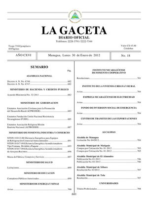 18 Gaceta, Lunes 30 De Enero De 2012