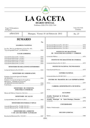 27 Gaceta, Viernes 10 De Febrero De 2012