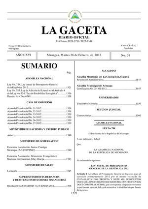 39 Gaceta, Martes 28 De Febrero 2012