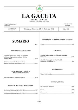 139 Gaceta, Miercoles 25 De Julio 2012