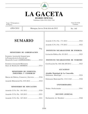 140 Gaceta, 2012 Jueves 26 De Julio 2012