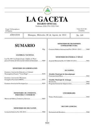 149 Gaceta, Miercoles 8 De Agosto 2012