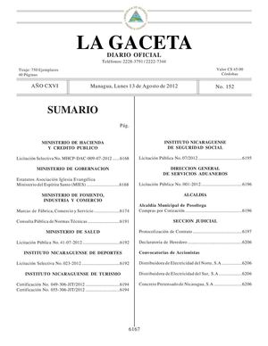 152 Gaceta, Lunes 13 De Agosto 2012