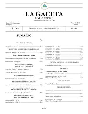 153 Gaceta, Martes 14 De Agosto 2012