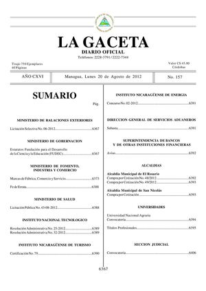 157 Gaceta, Lunes 20 De Agosto 2012