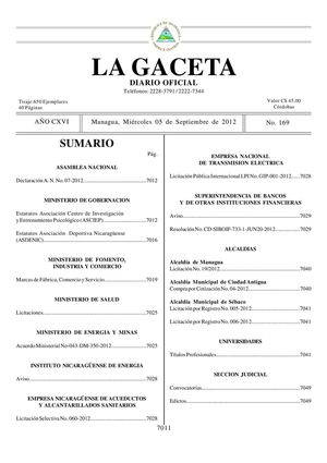 169 Gaceta, Miercoles 5 De Septiembre 2012