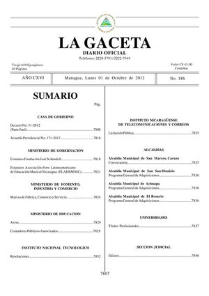 186 Gaceta, Lunes 01 De Octubre 2012