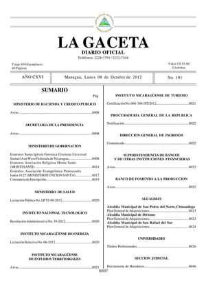 191 Gaceta, Lunes 08 De Octubre 2012