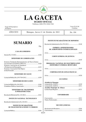 194 Gaceta, Jueves 11 De Octubre 2012