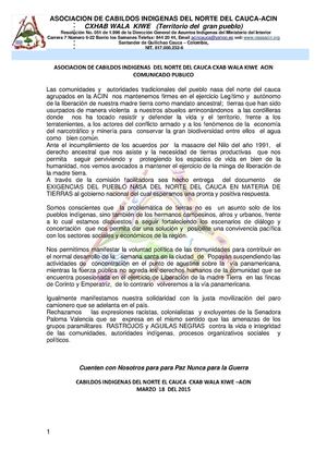 Comunicado a La Opinión Publica sobre Semana Santa - ACIN