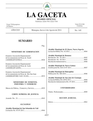 145 Gaceta, Jueves 04 De Agosto 2011