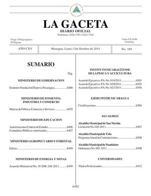 185 Gaceta, Lunes 3 De Octubre 2011