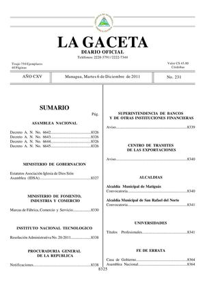 231 Gaceta, Martes 6 De Diciembre 2011