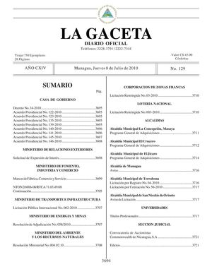 129 Gaceta, Jueves 08 De Julio 2010