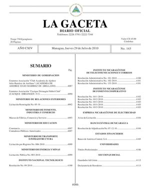 143 Gaceta, Jueves 29 De Julio 2010
