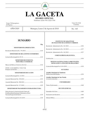 145 Gaceta, Lunes 02 De Agosto 2010