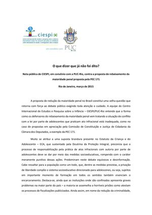 Nota Pública Contra A Redução Da Maioridade Penal Ciespi Puc Rio