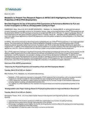 Metabolix to Present Two Research Papers at ANTEC 2015 Highlighting the Performance Properties of Mirel PHA Biopolymers