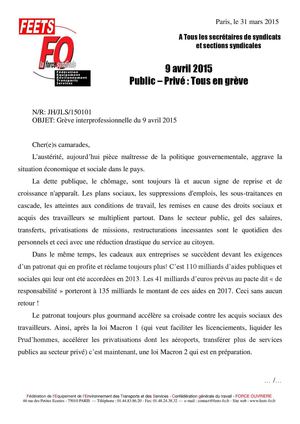 Fo Feets 9 Avril 2015 Courrier Secrétaires Syndicats