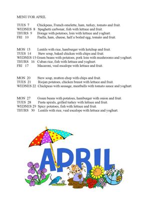Menu For April