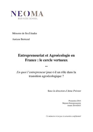 Entrepreneuriat Et Agroécologie En France A Bertrand