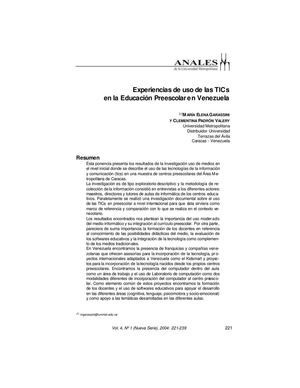 Experiencias De Uso De Las Tics En La Educacion Preescolar En Venezuela