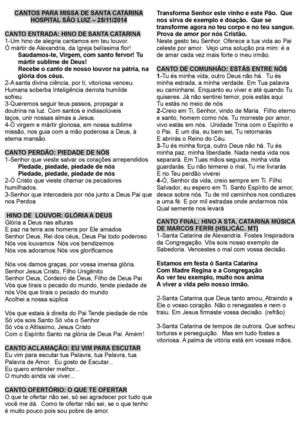 CANTOS PARA MISSA DE SANTA CATARINA 2014