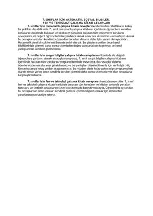 7 SINIFLAR İÇİN MATEMATİK, SOSYAL BİLGİLER, FEN VE TEKNOLOJİ ÇALIŞMA KİTABI CEVAPLARI