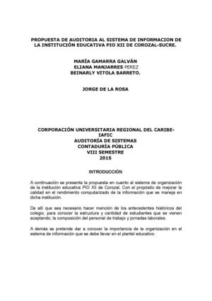 Propuesta De Auditoria Al Sistema De Informacion De La Instituci+ôn Educativa Pio Xii De Corozal