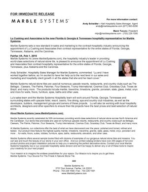 Lu Cushing and Associates is the new Florida , Georgia , Tennessee hospitality representative for Marble Systems