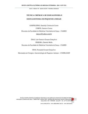 TÉCNICA CIRÚRGICA DE ESOFAGOTOMIA E ESOFAGOSTOMIA EM PEQUENOS ANIMAIS
