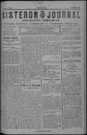 Le Sisteron Journal du 19/02/1921
