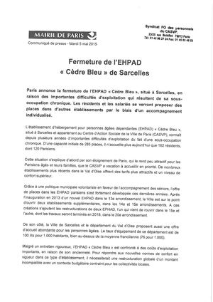 Communiqué De Presse Fermeture De L'ehpad Le Cèdre Bleu à Sarcelles