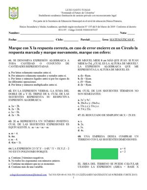 INTRODUCCIÓN AL ALGEBRA 8 Primer Corte 2015