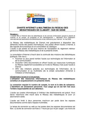 Charte Internet& Multimedia Réseau Des Médiathèques De Clamart Sud De Seine