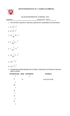 Taller De Matematica 7 Propiedades Potenciacion