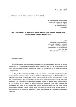 Lettre contre la fermeture de classe