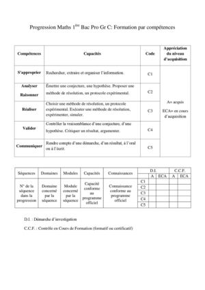 Progression Maths 1ère Bac Pro Gr C Formation Par Compétences