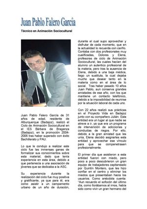 Entrevista a Juan Pablo Falero García. Antiguo alumno del ciclo de Animación Sociocultural en el IES Bárbara de Braganza (Badajoz), en la promoción 2004-2006.