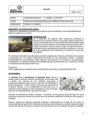 Taller Procesos De Modernización Primera Mitad S Xix