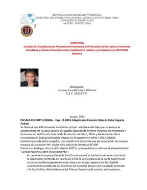 Sentencia Jurisdicción Constitucional Avocamiento Demanda De Protección De Derechos E Intereses Colectivos Y Difusos