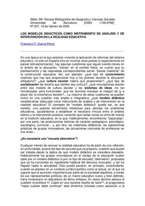 Los Modelos Didacticos Como Instrumentos De Analisis E Interveccion En La Realidad Educativa