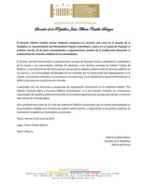 Senador Alberto Castilla invita a la Audiencia Pública por Vivienda Digna en Popayán